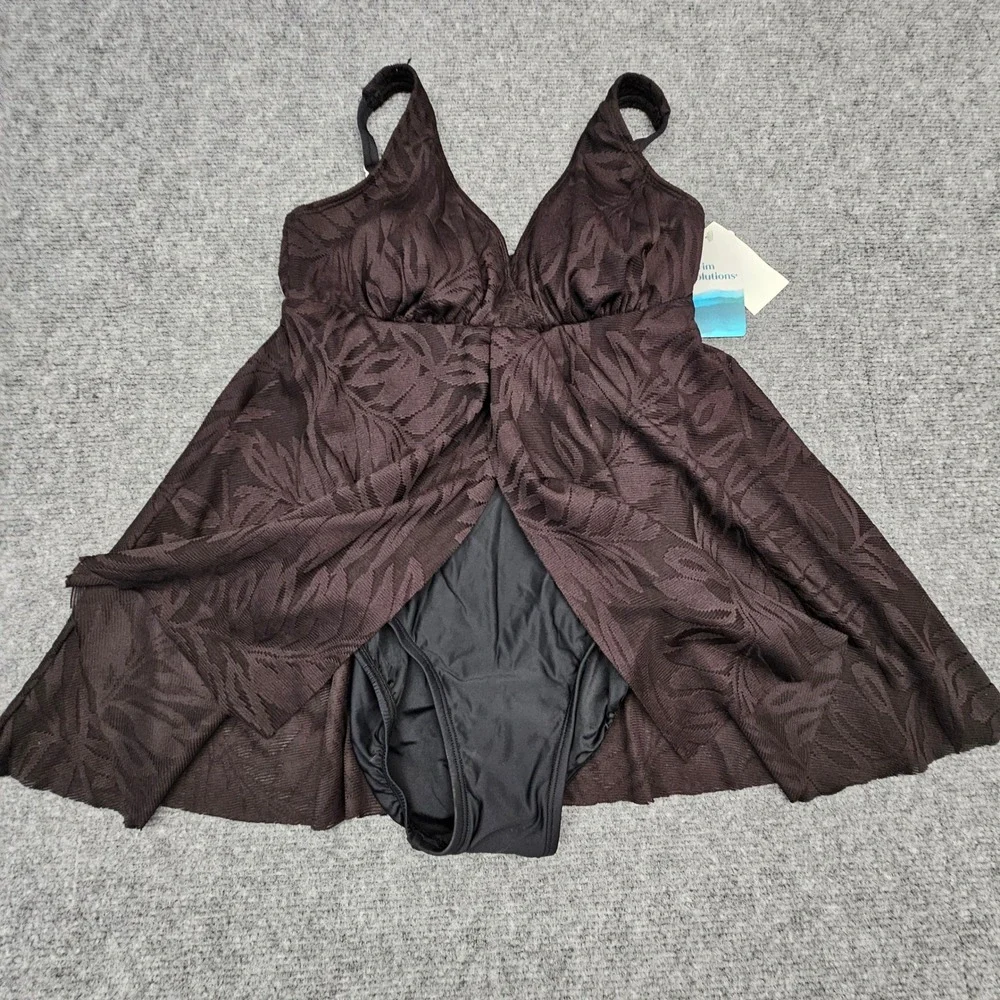Swim Solutions Women Swimdress Flyaway Tummy Control Leaf Textured Black Size 8‎
